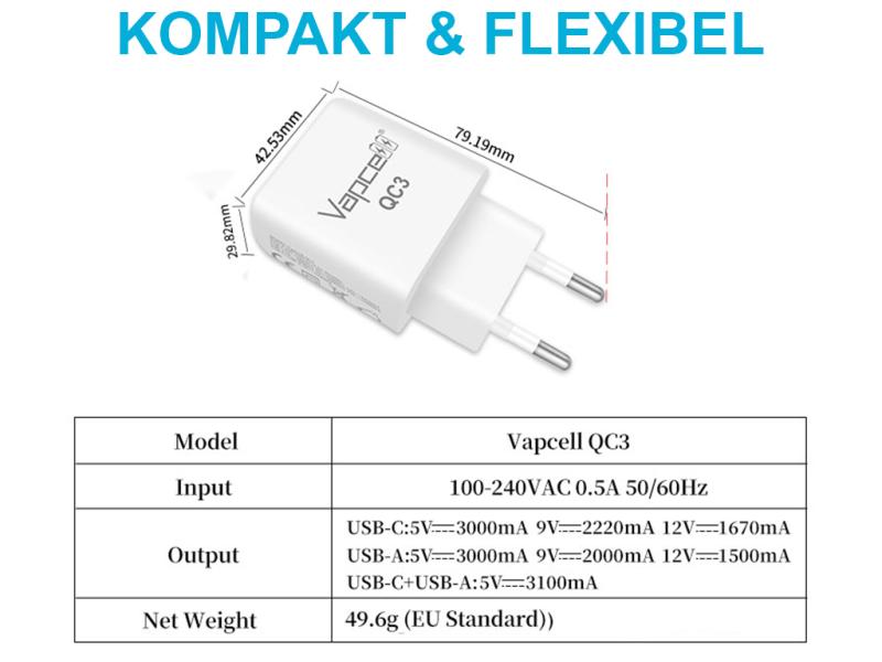 Vapecell Steckernetzteil QC 3.0 USB 5V-3A / 9V-2A /12V-1.67A Quick Charge
