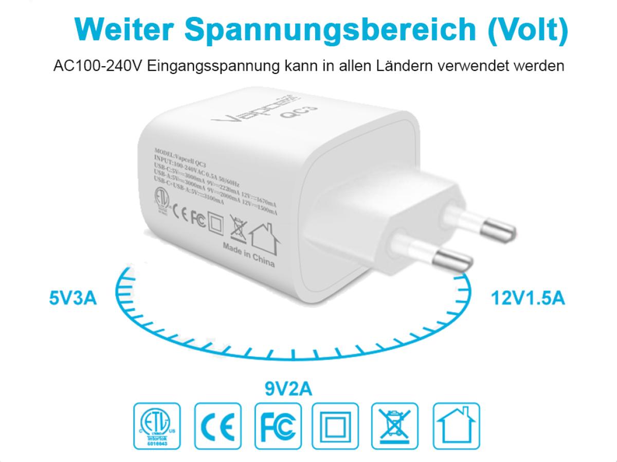 Vapecell Steckernetzteil QC 3.0 USB 5V-3A / 9V-2A /12V-1.67A Quick Charge