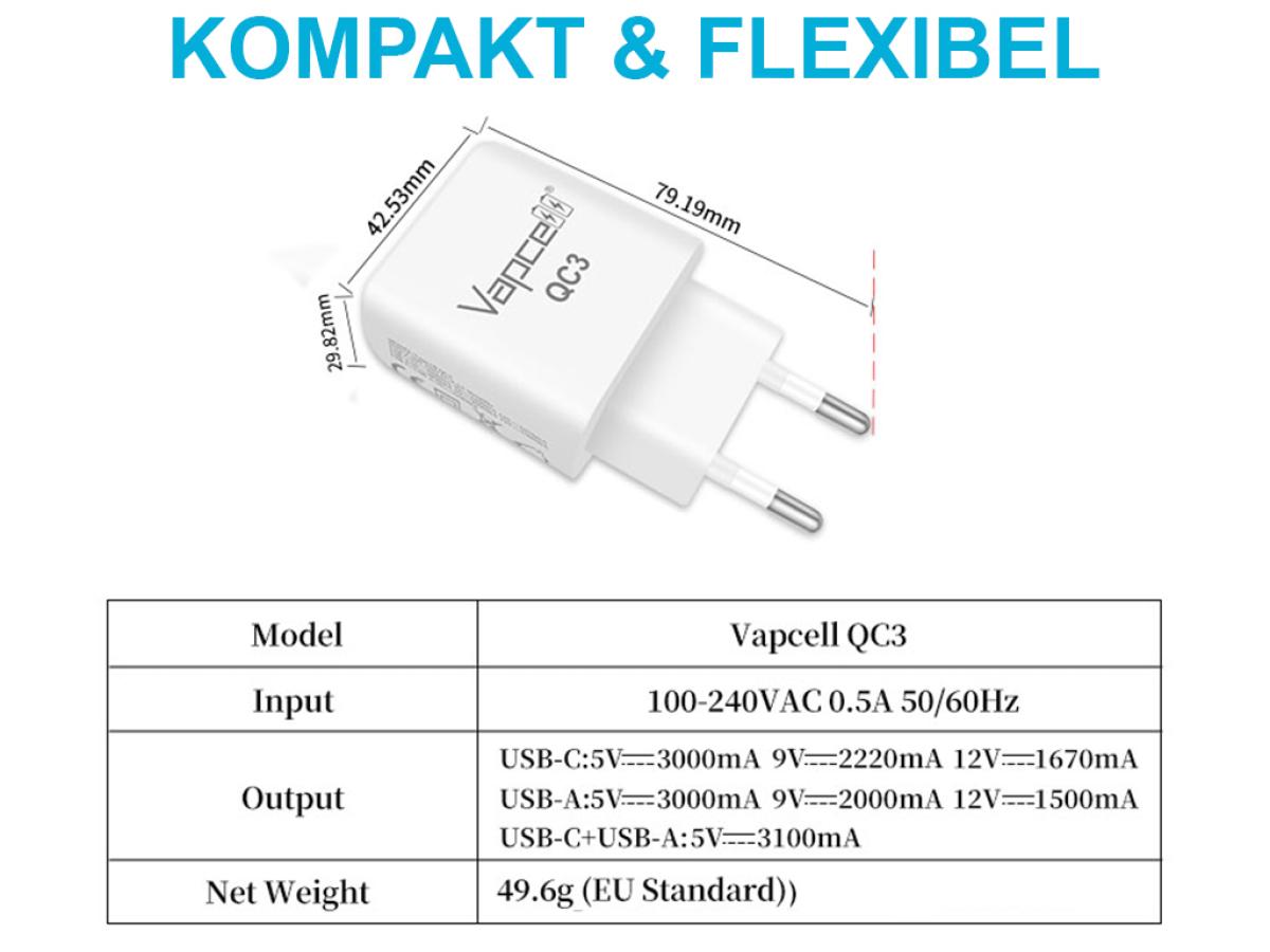 Vapecell Steckernetzteil QC 3.0 USB 5V-3A / 9V-2A /12V-1.67A Quick Charge
