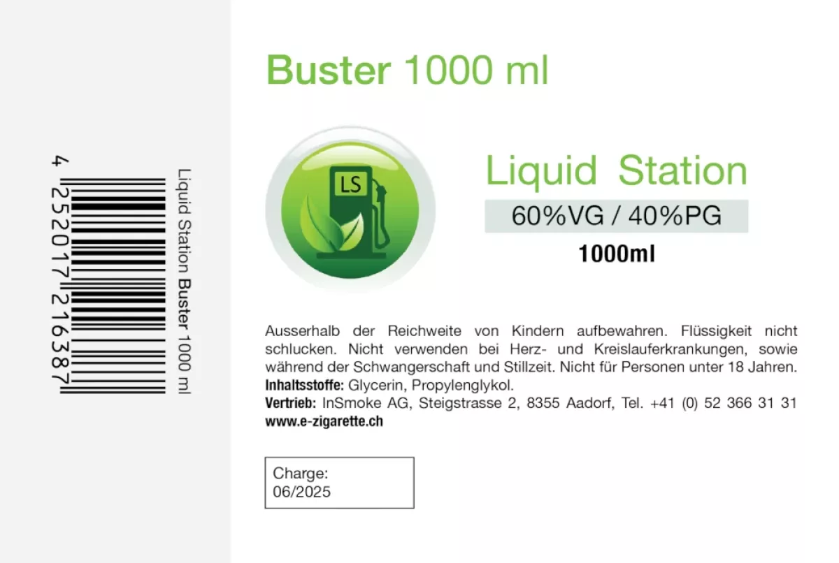 Liquid Station Buster Mix 1000 ml Base 60% VG 40% PG 0mg Liquid Station Buster Mix 1000 ml Base 60% VG 40% PG 0mg